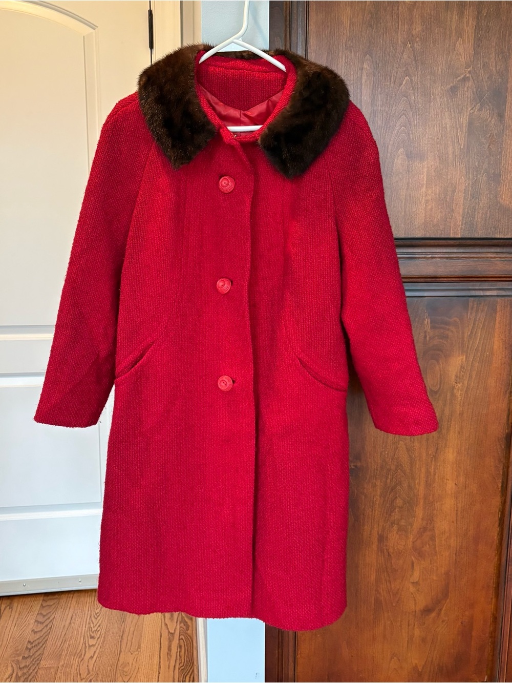 American Vintage Red Wool Pea Coat with Dark Brown Fur Collar
